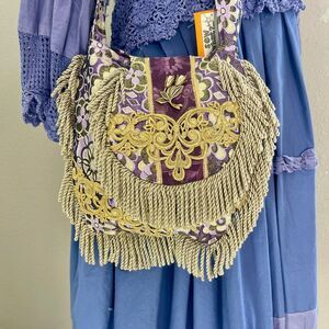 Purple and Gold Eclectic Handmade Boho Fringed Crossbody Bag